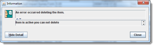 Error text: Item is active you can not delete