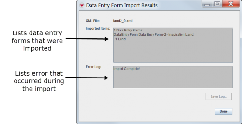 Data Entry Form Import Results Window