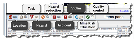 The Items Pane stores information about mine action objects (dark gray below) and mine action activities (light gray). These are locations, tasks, land, activities, accidents, victims, education activities and quality management activities.