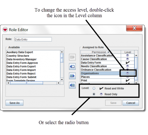 Changing Permission Access Levels in the Role Editor Window