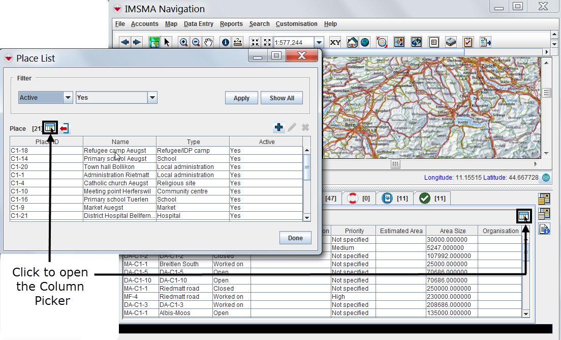 Common placements of the Column Picker Button