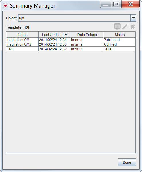 A screenshot of the Summary Manager window, displaying the all available Victim Summary templates.
