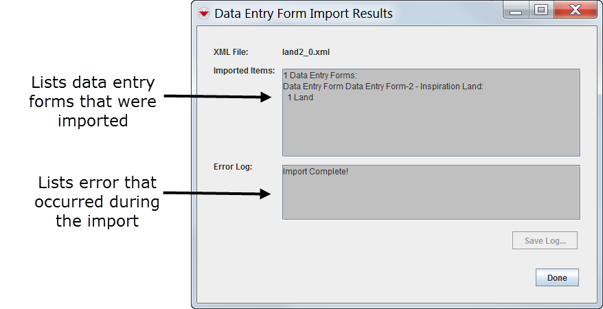 Data Entry Form Import Results Window