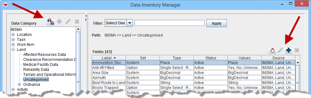 Buttons in Data Inventory Manager Window