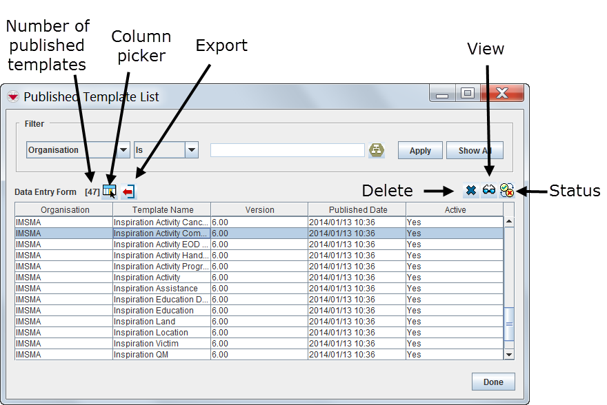Published Template List Window