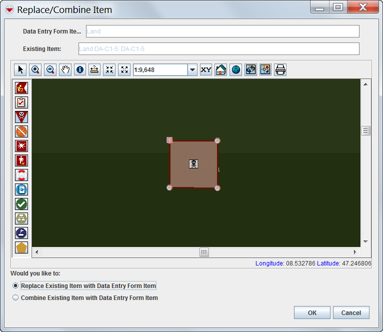 Figure 60. Replace/Combine Item Window with the Map View Selected