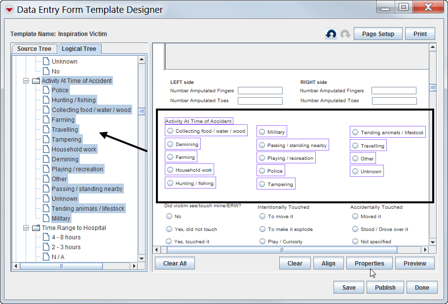 Selected Items in the Logical Tree