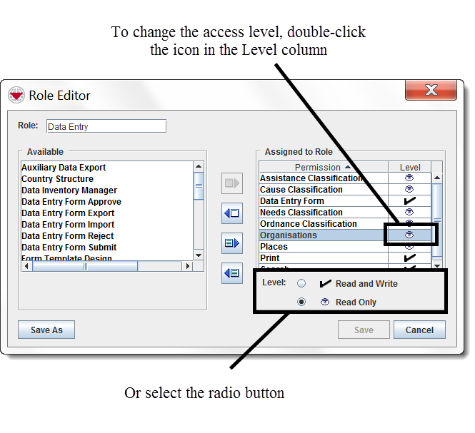 Changing Permission Access Levels in the Role Editor Window