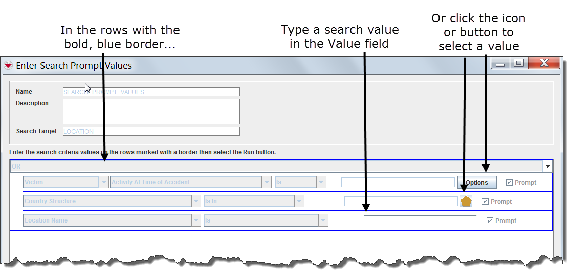 Enter Search Prompt Values Window