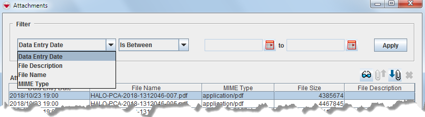 Attachments Filter window