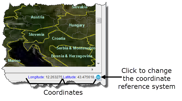 Coordinates Displayed in the Map Pane