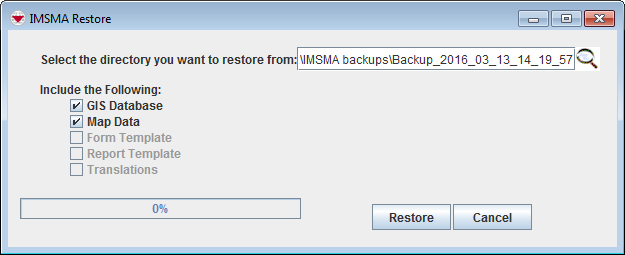IMSMA Restore window